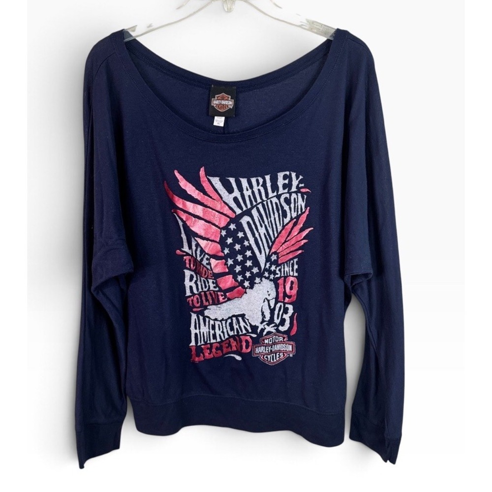 Harley-Davidson Women's Shirt 2XL Navy Long Sleeve Off The Shoulder Dallas